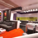 ครัวสตูดิโอพร้อมบาร์แยกพื้นที่ทำงานออกจากห้องนั่งเล่น