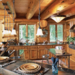 การออกแบบที่ผิดปกติของห้องครัวสไตล์คันทรีที่สะดวกสบายพร้อมเคาน์เตอร์บาร์ที่มีรูปร่างผิดปกติ