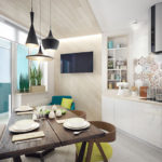 Meja kayu di dapur dengan balkoni