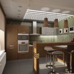 ห้องครัวสีน้ำตาลทันสมัยพร้อมบาร์อาหารเช้าแทนพื้นที่รับประทานอาหาร