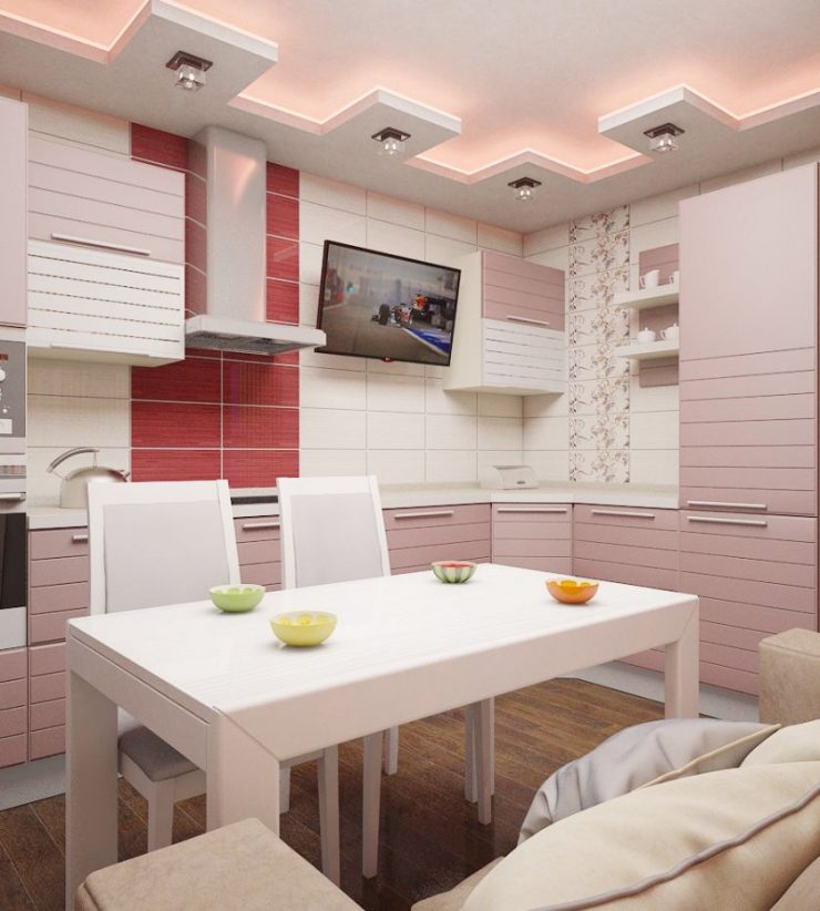 Plafond avec rebords dans la cuisine dans le style pop art.