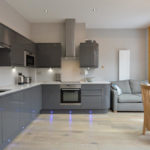 Muebles grises en el interior de la cocina.