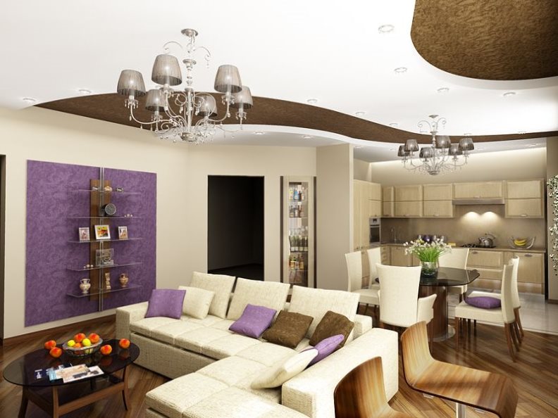 Μοντέρνο εσωτερικό καθιστικό-κουζίνα με λευκά έπιπλα