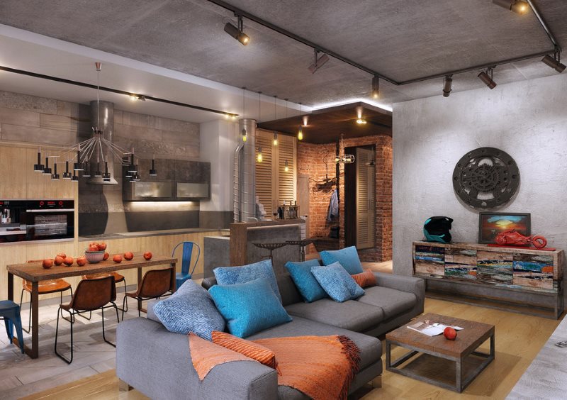 Σκυρόδεμα επιφάνειες στο εσωτερικό της κουζίνας-σαλόνι