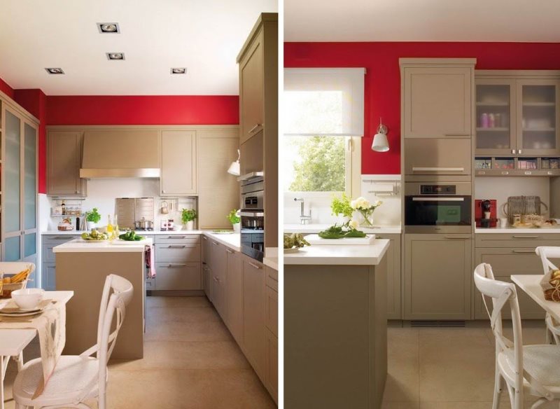 Murs de cuisine framboise avec des meubles de couleur café avec du lait