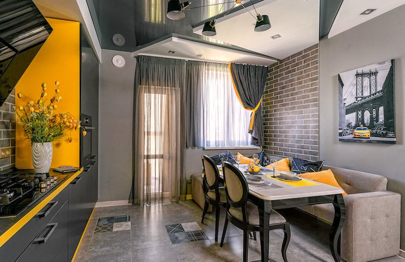 Κίτρινο σχεδιασμό κουζίνας με κίτρινες προεκτάσεις