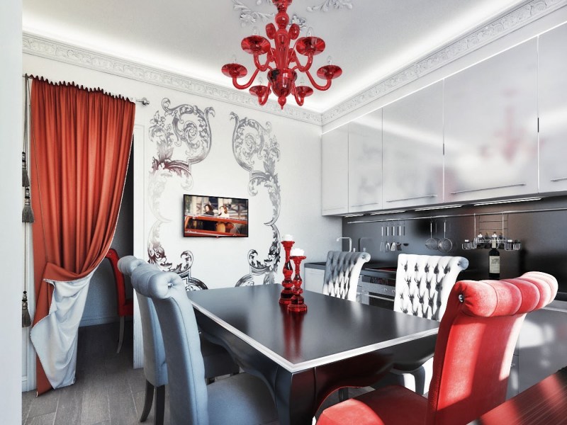 Tirai Burgundy dalam dapur gaya art deco