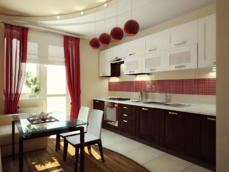 Lampu loket burgundy di pedalaman dapur