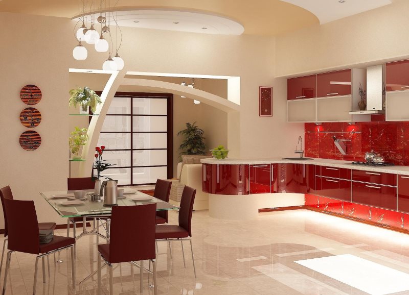 Reka bentuk dapur moden di nada burgundy dan beige