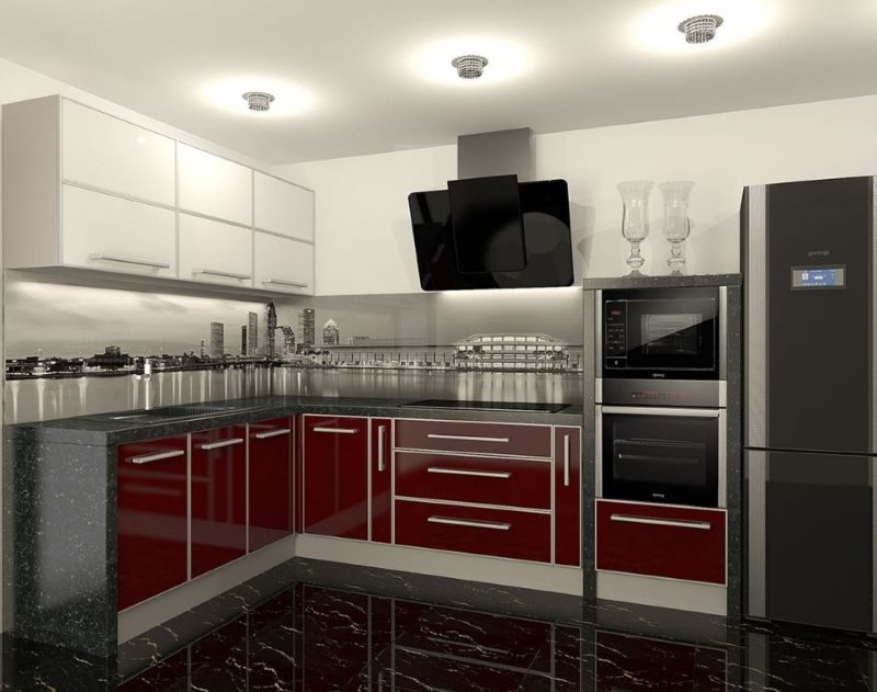 Lantai hitam di dapur sudut burgundy