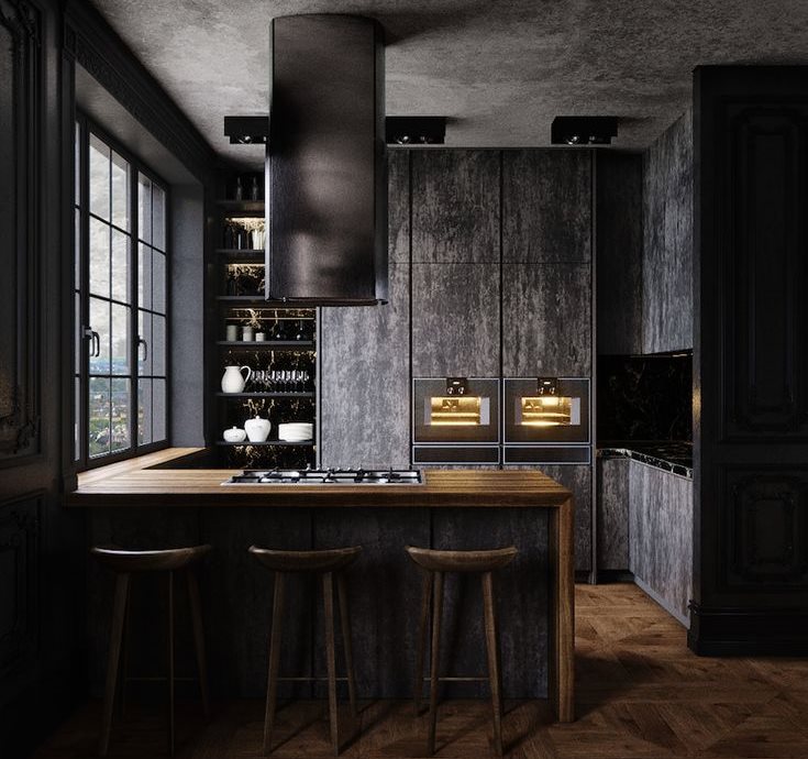 Dapur hitam kecil di apartmen sarjana muda