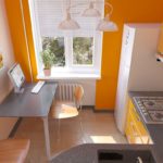 ผนังห้องครัวสีเหลืองพร้อมตู้เย็นหน้าต่าง