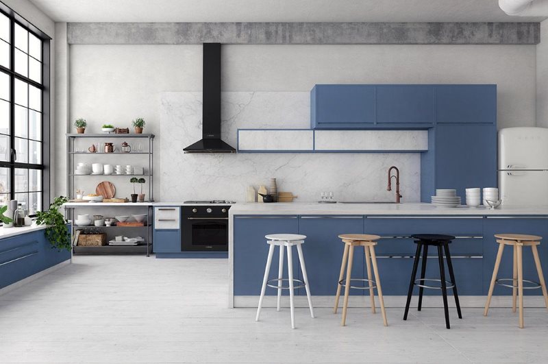 Ensemble bleu dans la cuisine de style industriel