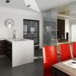 เก้าอี้สีแดงสำหรับห้องครัวสีขาวและสีน้ำตาล