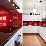 ผ้ากันเปื้อนสีแดงและครัวสีขาว