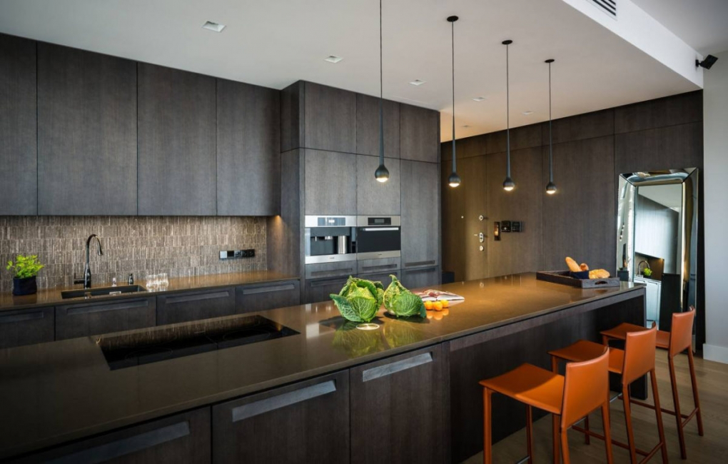 High-tech modern kitchen interior in gray tones