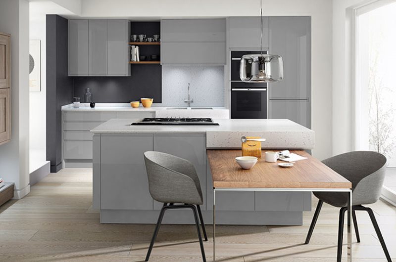Bright kitchen in contemporary style with gray furniture