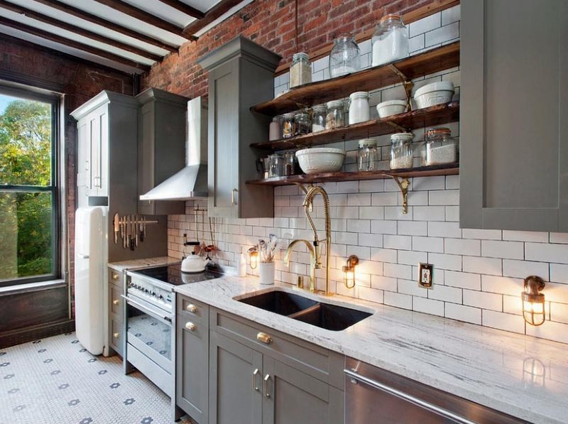Utensils on open shelves in a loft style kitchen