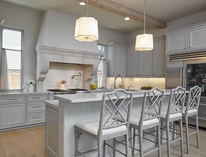 Light lamp shades in the interior of a gray kitchen