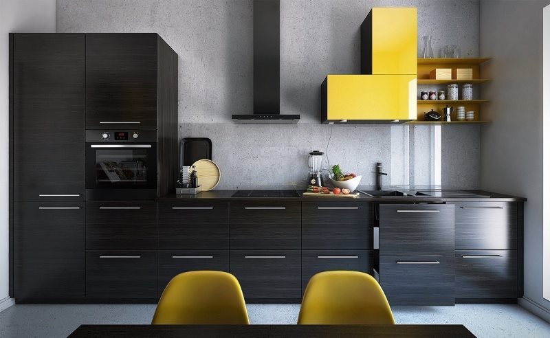 Dapur linear dengan facades hitam dan kabinet kuning