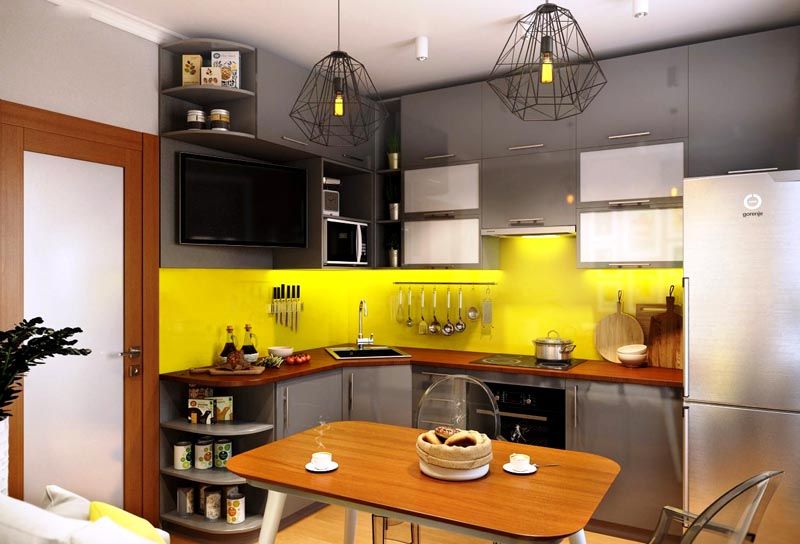 The combination of yellow and gray in the interior of the kitchen
