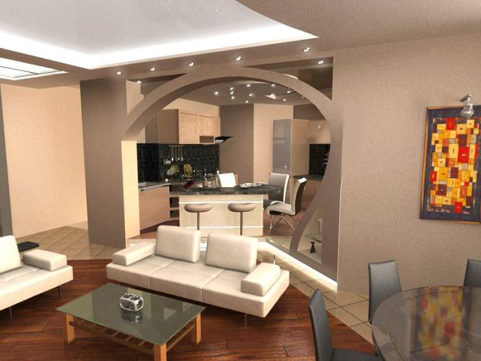 Une arche entre la cuisine et le salon.