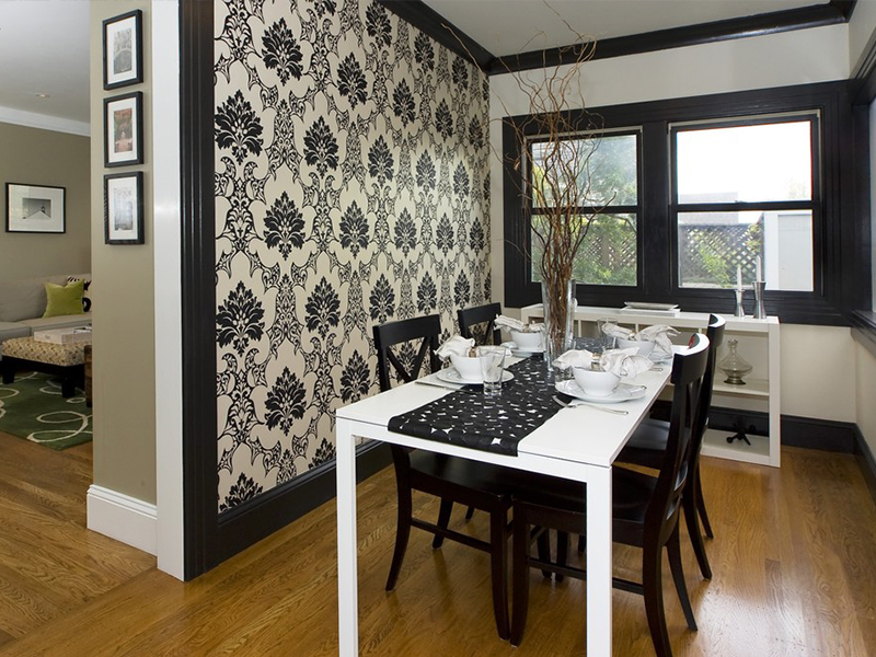 Black and white wallpaper on the kitchen wall