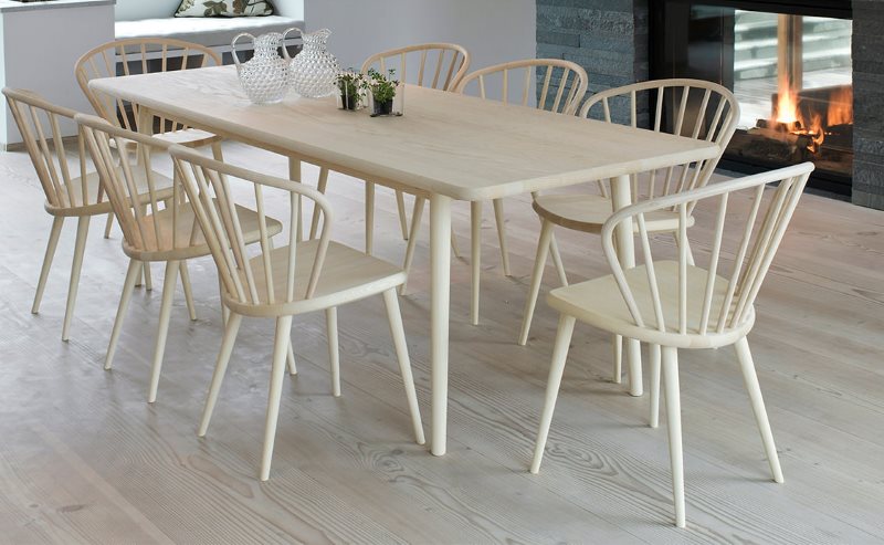White wooden chairs in the dining group