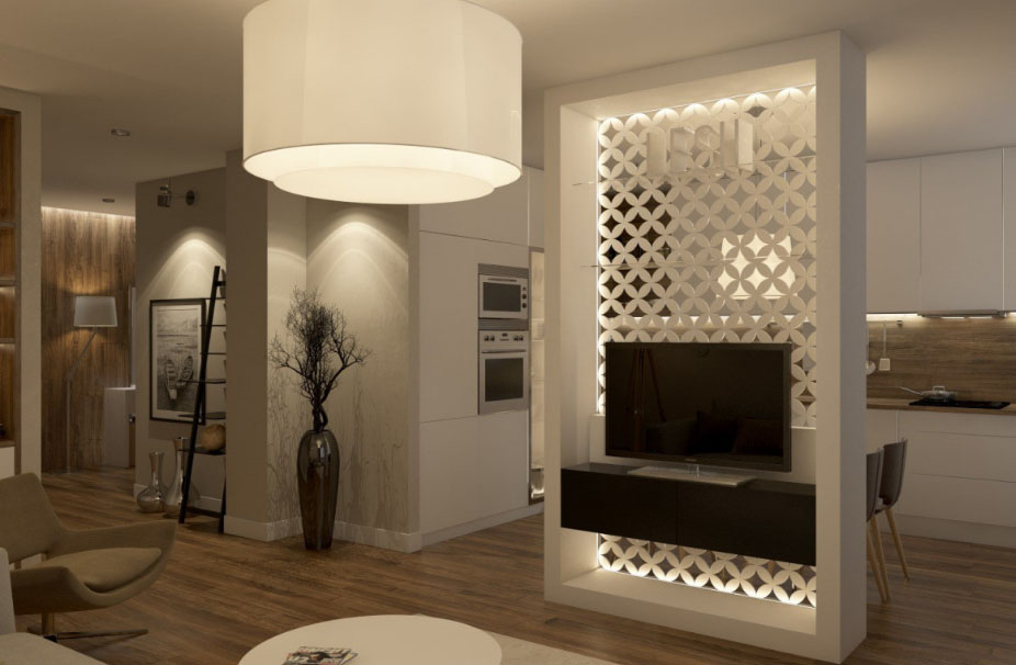 Σχεδιασμός κουζίνας-καθιστικού με διακοσμητικό χώρισμα