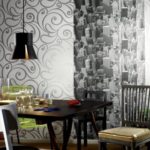 Wallpaper with a gray print in the interior of the kitchen