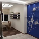 Blue wallpaper in the kitchen wall niche