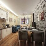 Design a narrow kitchen-living room in a city apartment