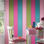 Striped wallpaper in the kitchen dining area.