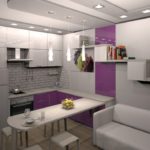 Γκρίζα-μωβ κουζίνα σε ένα σπίτι διαμέρισμα διαμέρισμα