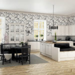 Papier peint sur le mur de la cuisine avec des fenêtres sans rideaux