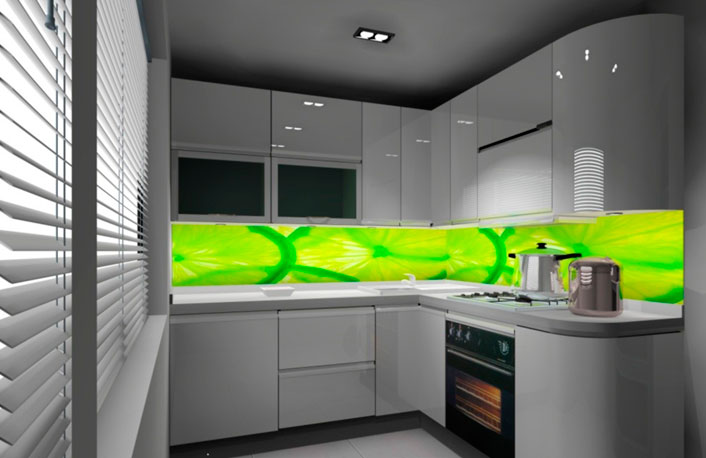 Interior de cocina gris con delantal en contraste.