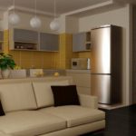 Pereți galbeni în interiorul unei sufragerii-bucătărie compacte