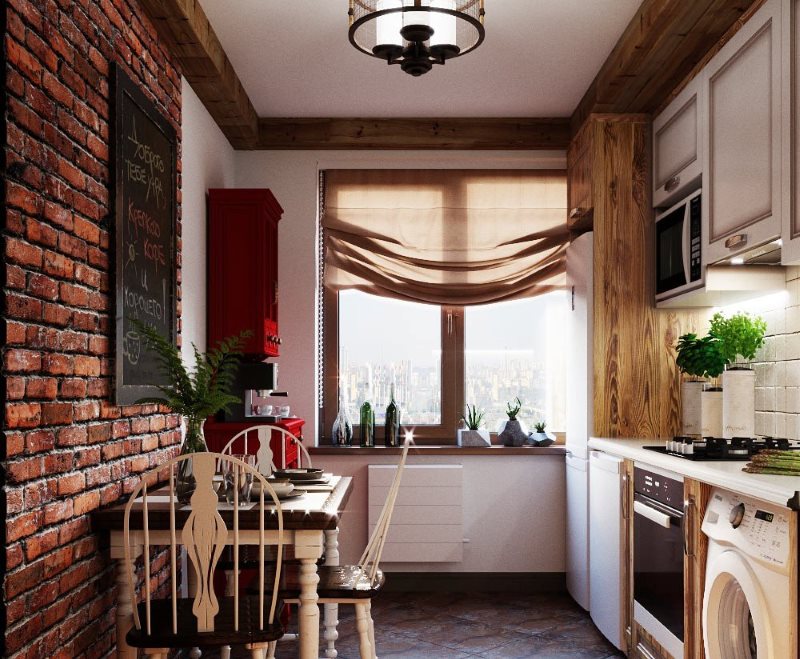 Perete din cărămidă în bucătărie îngustă în stil mansardă