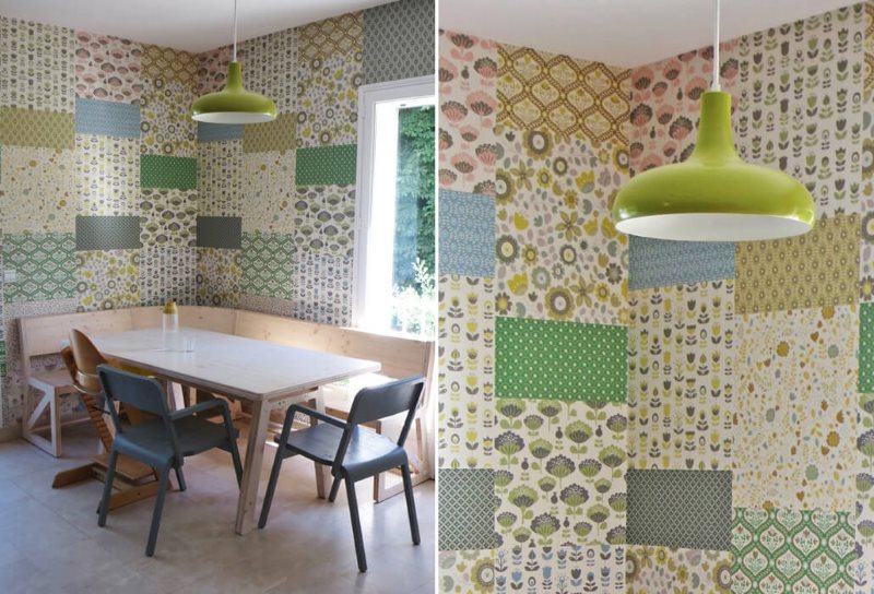 Examples of patchwork combining wallpaper in the interior of the kitchen