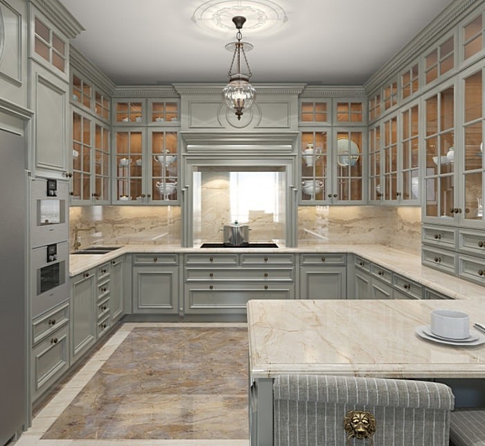 Delantal de mármol en cocina clásica gris