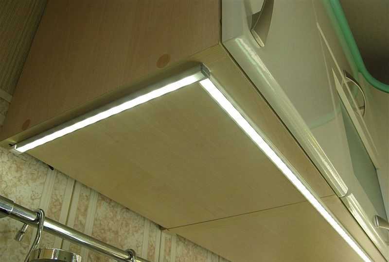 LED lights on the underside of the hanging cabinets