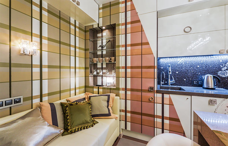 Striped vinyl wallpaper in the interior of a modern kitchen