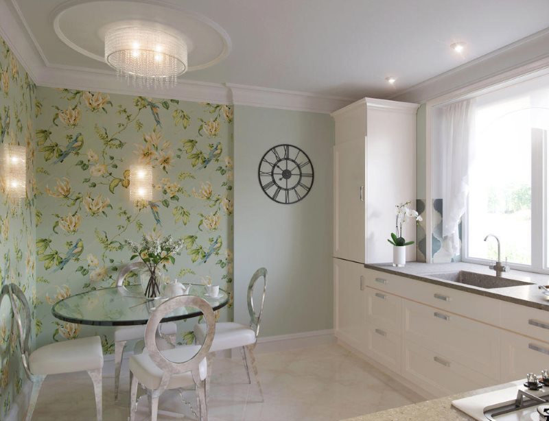 Decoration of the dining area of the kitchen with wallpaper with floral print
