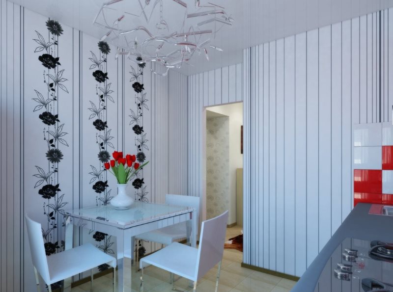 Thin vertical stripes on white wallpaper in the kitchen