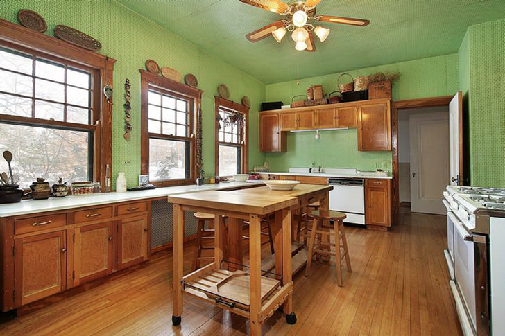 Kitchen interior with olive walls