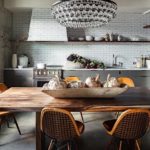 Glass chandelier over the dining table