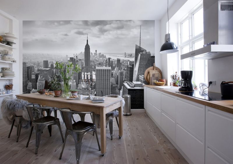 Plastic chairs in the kitchen with murals