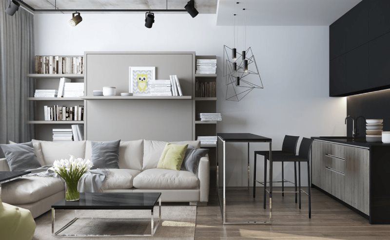 Γωνιακός καναπές στην κουζίνα-σαλόνι με μπαρ για πρωινό