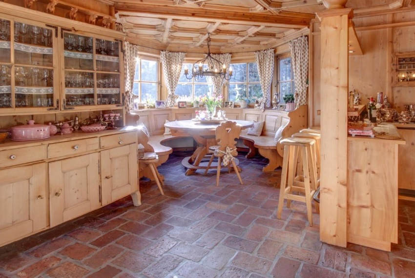 Kitchen cabinets with dishes on the shelves