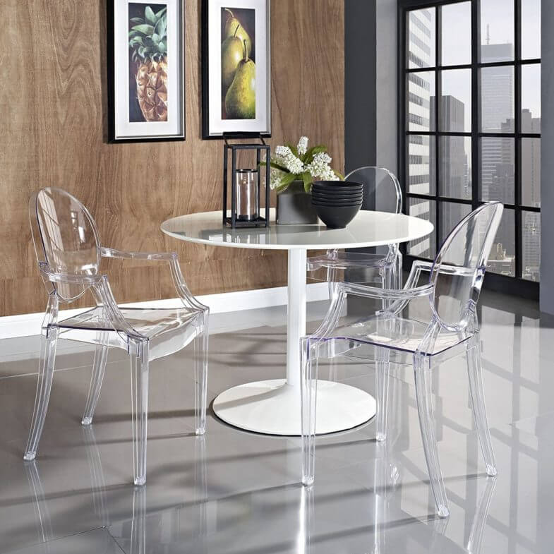 Transparent plastic chairs with armrests
